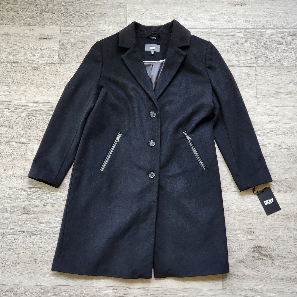 DKNY Black Wool Coat Womens Xl Long Zipper Pockets Button